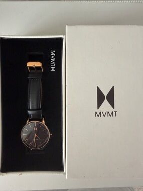 MVMT Black Leather Watch with Rose Gold Case and Accents
